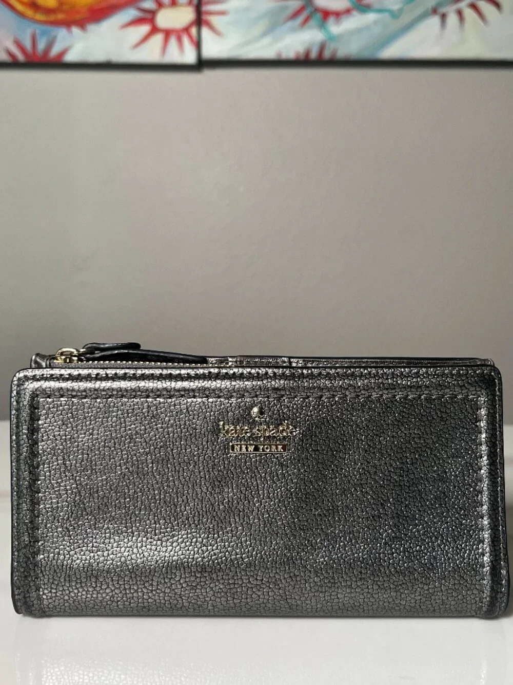 Kate Spade New York Metallic Pebbled Gunmetal Leather Wallet - Picture 1 of 10